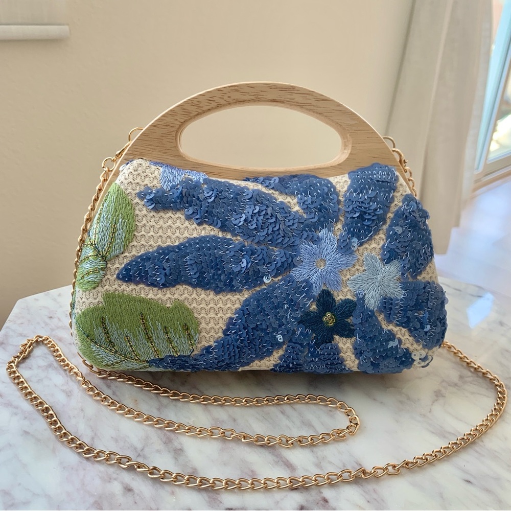 Blue Floral Sequin Mini Bag with Wood Handle